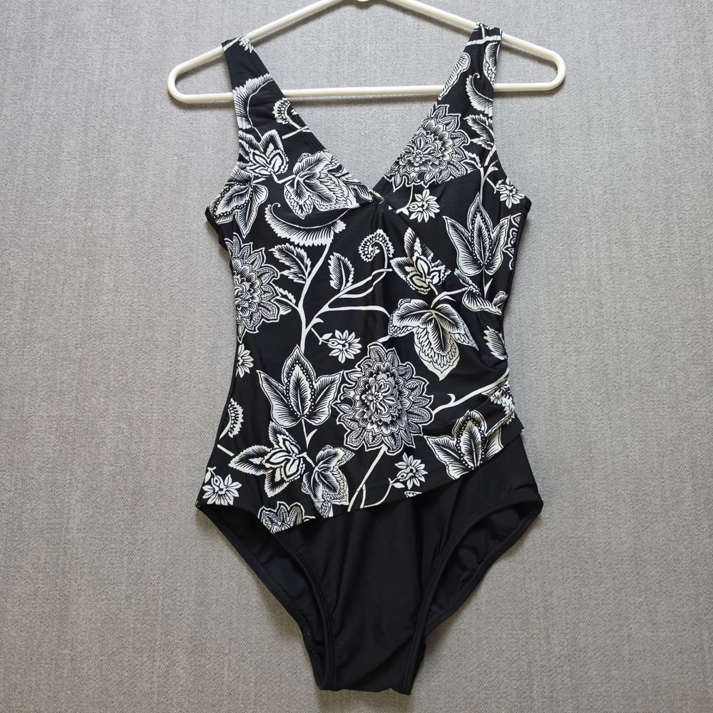 Jaclyn Smith One Piece Swimsuit Womens 8 Black Floral Surplice V-Neck Ruched